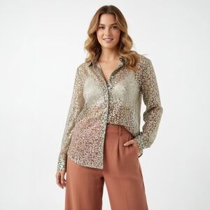 Equipment Metallic Gold Leopard Button Down Shirt - Sheer Luxury Feminine - XS